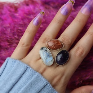 Anello Boho Donna In Argento 925 Con Pietra Naturale Ovale | Ametista, Granato O Agata | Fatto A Mano, Ipoallergenico