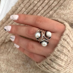 Pearl Silver Ring: Three Stone Handmade Design (Sterling 925)