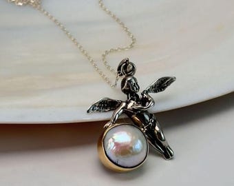 Angel Pearl Necklace – Freshwater Pearl Beaded Necklace 925 Silver – Celestial Pendant Jewelry – Handmade Gift for Her