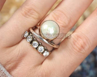 Pearl Ring, Pearl Ring Silver, CZ Zircon Ring, Pearl Silver Ring, Five Stone Silver Ring, 925 Sterling Statement Ring, Multi Stone Ring