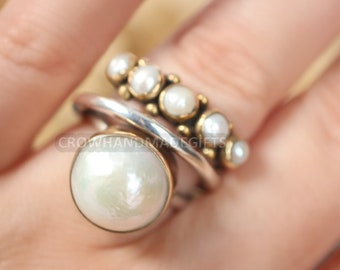 Pearl Ring, Pearl Ring Silver, CZ Zircon Ring, Pearl Silver Ring, Five Stone Vintage Ring, 925 Sterling Silver Ring, Mother of Pearl Ring