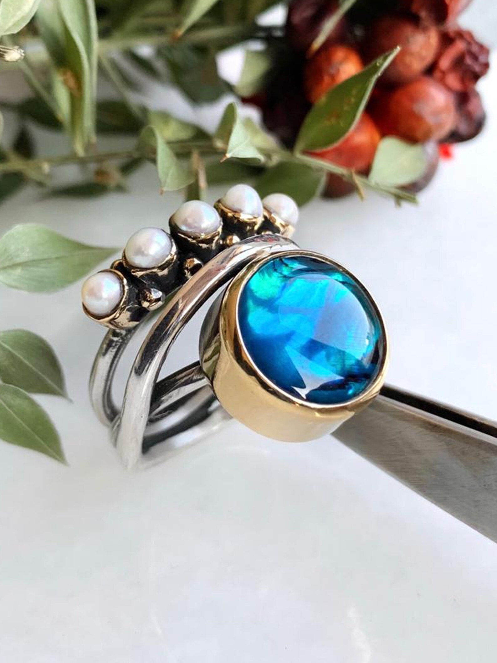 Ocean Silver Ring Pearl Silver Ring Five Stone Blue Ocean Etsy
