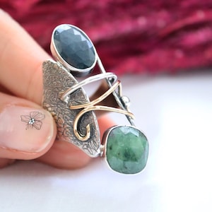 Sapphire Emerald Silver Ring, Sapphire  Silver Ring, Emerald Silver Ring, 925 Sterling Silver Ring, Mother of Sapphire Ring