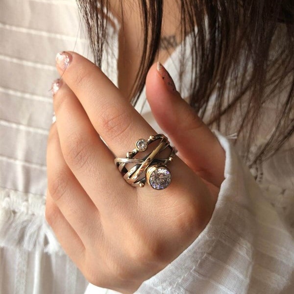 Silver Cross Ring: Cubic Zirconia Accent - Sterling & Gold Tone