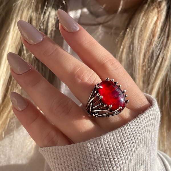 Solitaire Red Cubic Zirconia Ring, Silver Ring, 925  Sterling Silver Ring, Large Gemstone Ring, Red Stone Ring, Mother’s Day Gift