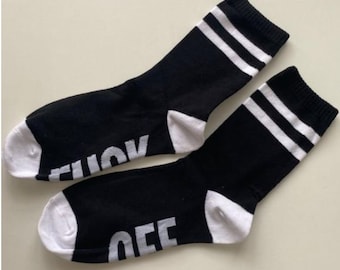 Unisex FUCK OFF Socks Funny Casual Cotton Ribbed Knit Half Crew Socks Novelty Gifts for Women Men