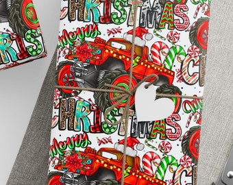 Monster Truck Christmas Wrapping Paper Roll, Monster Truck  Holiday Gift Wrapping Paper, Monster Truck Christmas Wrapping