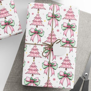 Carta da regalo per albero di Natale con fiocco rosa Coquette, rotolo di carta da regalo per albero rosa Coquette, rotolo di carta da regalo festiva Coquette