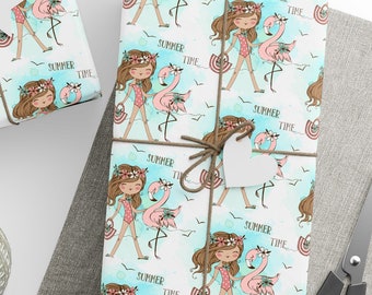 Flamingo and Girl Wrapping Papers, Summer Gifts Wrapping Paper Roll, Flamingo Gifts Wrapping Paper Roll