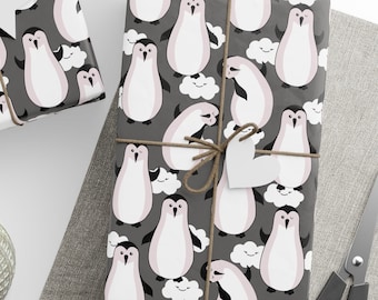Carta da regalo con divertenti pinguini, carta da regalo con regali a forma di pinguino, carta da regalo con regali di Natale a forma di pinguino