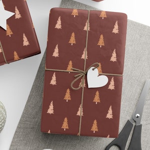 Papiers d'emballage marron sapins, papier d'emballage neutre cadeaux sapin de Noël, rouleau de papier d'emballage neutre cadeaux de Noël