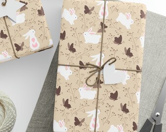 White Bunny Wrapping Paper, Bunny and Butterfly Gift Wrapping Paper, Bunny Birthday Gift Wrapping Paper
