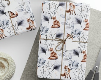 Fox Wrapping Paper Roll, Winter Fox Gift Wrapping Paper, Fox Birthday Gift Wrapping Paper