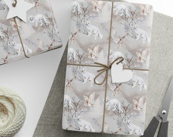 Wilder Weißer Fuchs Geschenkpapier, Polarfuchs Geschenkpapier, Polarfuchs und Eule Geschenkpapier, Fuchsrolle