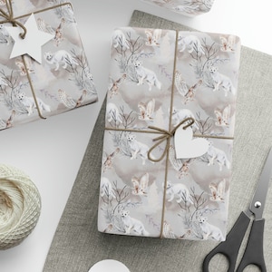 Wild White Fox Wrapping Paper, Polar Fox Gift Wrapping Paper, Polar Fox and Owl Gift Wrapping Paper, Fox Wrapping Paper Roll