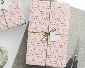 Pink Christmas Car Gift Wrapping Paper , Christmas Car and Tree Gift Wrapping Paper, Cute Christmas 2024 Gift Wrapping Paper Roll