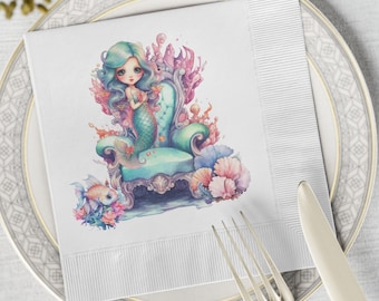 Serviettes de table blanches de sirène, serviettes de fête d'anniversaire de sirène, serviettes de fête de sirène