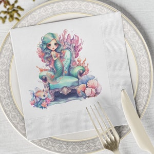 Mermaid White Coined Napkins, Mermaid Birthday Party Napkins, Mermaid Party Napkins