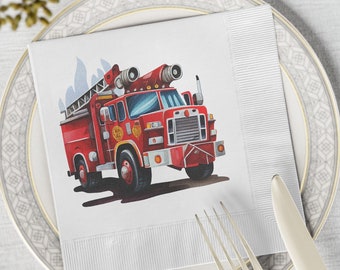 FIre Engine White Coined Napkins, Fire Truck Birthday Party Napkins, FIre Engine Birthday Party Napkins