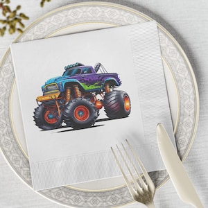 Monster Truck Boy White Coined Napkins, Boy Monster Truck Custom Party Napkins
