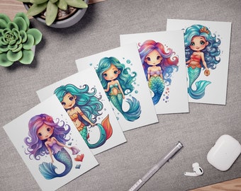 Mermaid Multi-Design Greeting Cards (5-Pack) , Birthday Mermaid Inspired Gifts, Watercolor Mermaid Cards