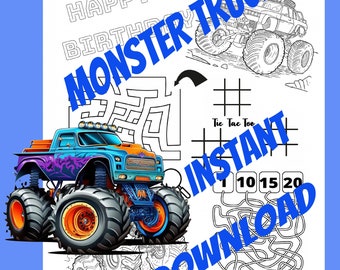 Printable Monster Truck Kid Birthday Activity and Coloring Sheet - Printable INSTANT Digital Download - Print at Home