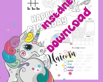 Printable Unicorn 5 Birthday Kids Activity and Coloring Sheet - Printable INSTANT Digital Download - Print at Home