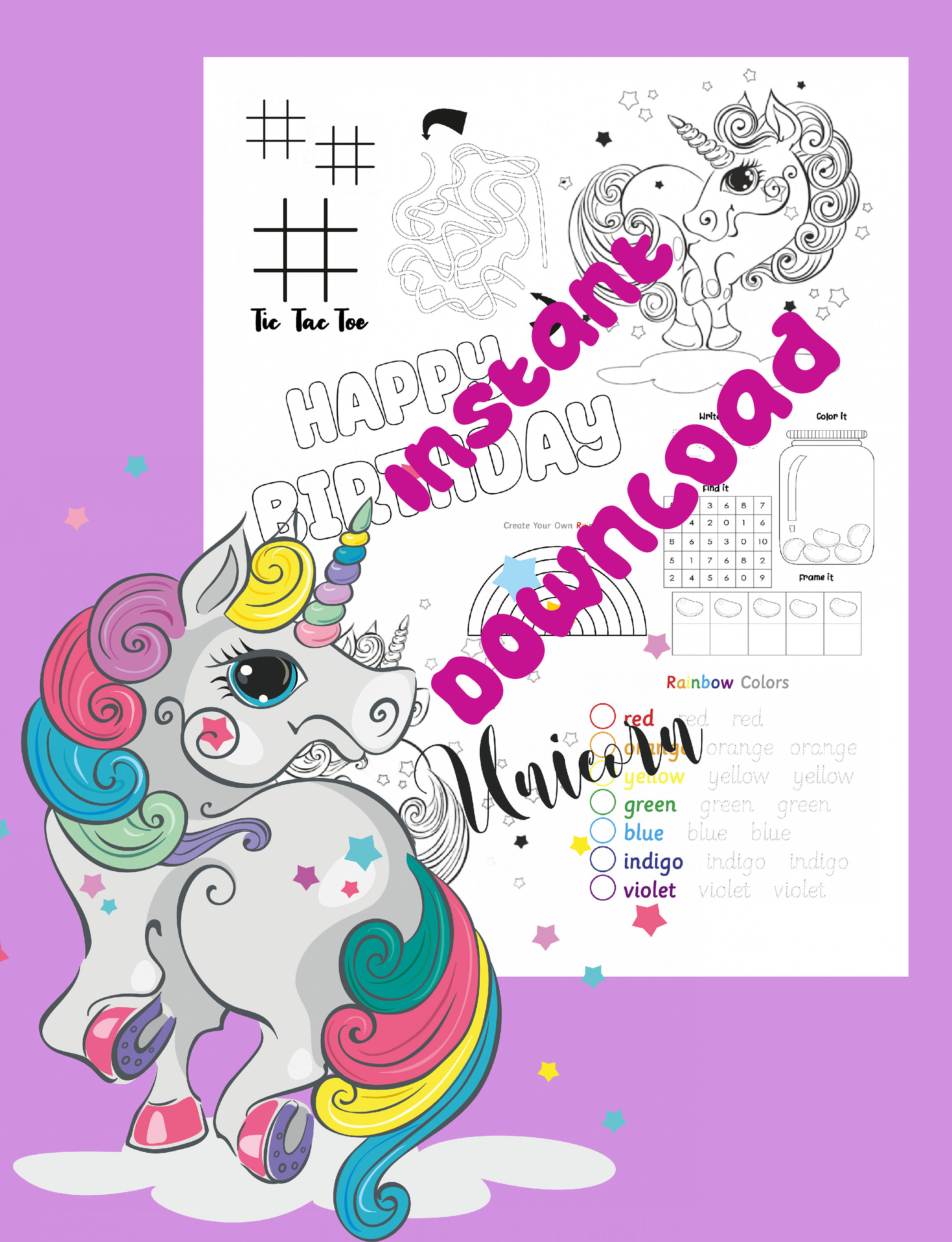 Printable Unicorn 5 Birthday Kids Activity and Coloring Sheet - Printable INSTANT Digital Download - Print at Home