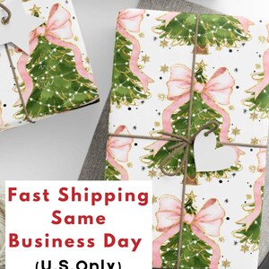 May include: White gift wrap with a repeating pattern of pink bows and green Christmas trees with gold glitter. The text "Fast Shipping Same Business Day (U.S. Only)" is printed on the bottom of the image.