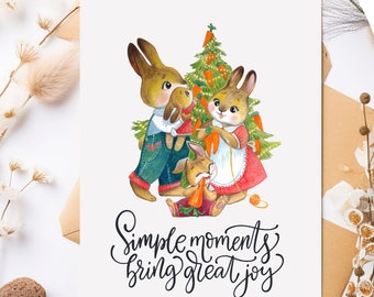 Cartões de Natal de coelho, cartões digitais da família de coelhos, cartões de Natal para impressão da família de coelhos, cartões para impressão de coelhos fofos