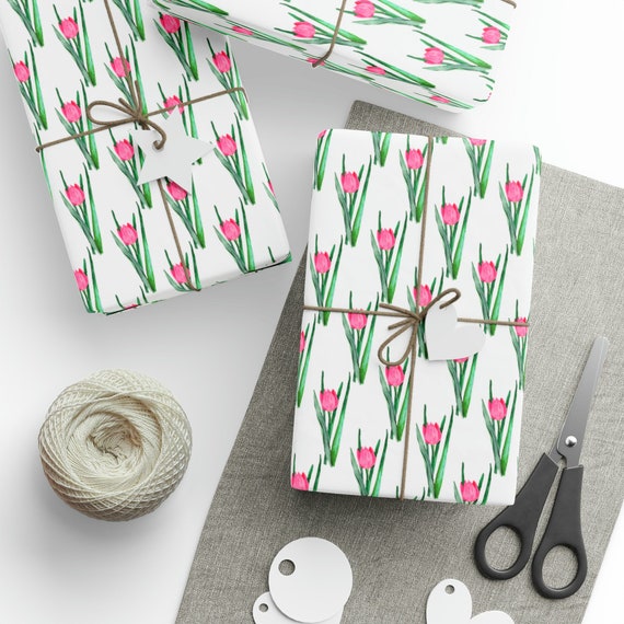 WERNNSAI Carta Regalo Floreale 3 Rotoli - Rosa Con Cuori E Tulipani, Ideale Per Compleanni Donna E Festa Della Mamma, 43 Cm X 3 M