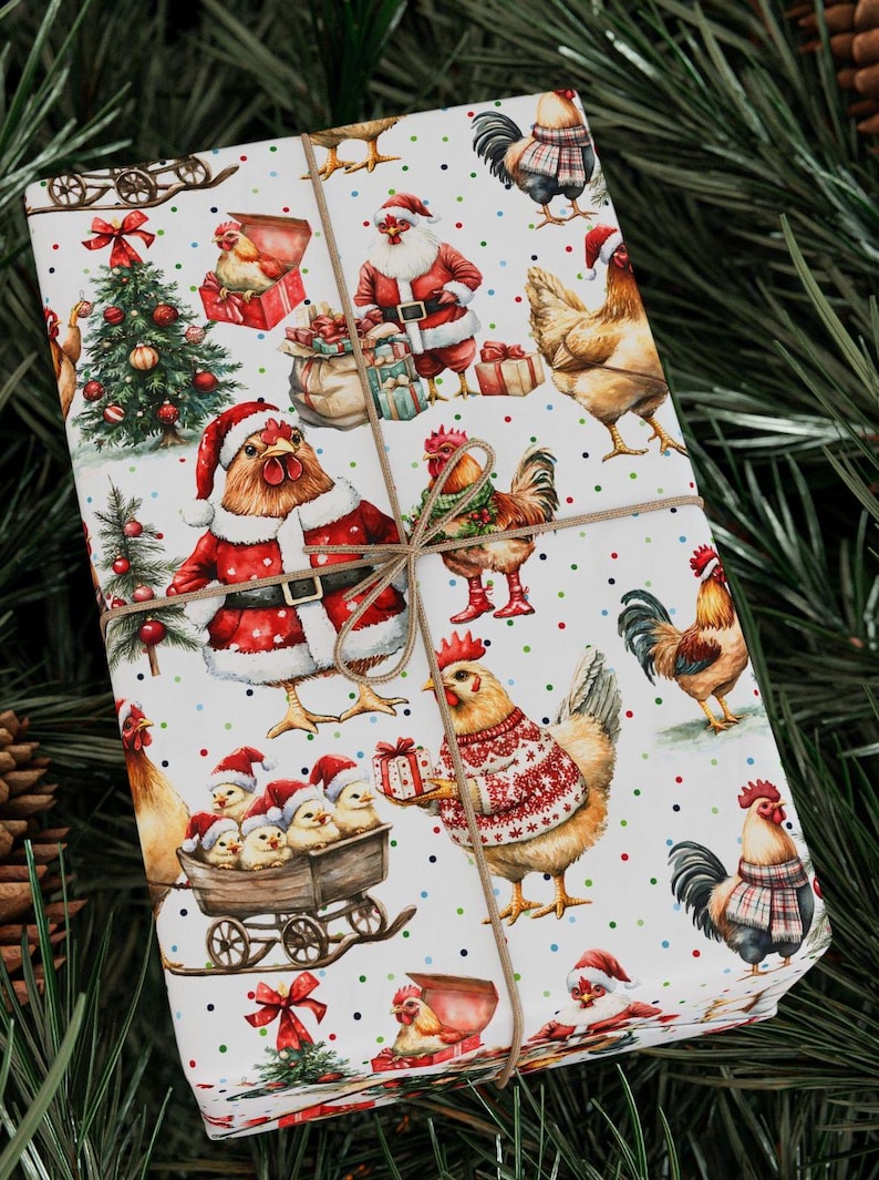 Chicken Wrapping Paper, Chicken Holiday Gift Wrap, Christmas Chicken Wrapping Paper, Chicken Eco-Friendly Wrapping Paper Roll image 4