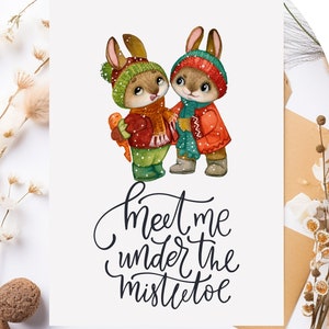 Christmas Bunny Cards, Bunny Printable Christmas Cards, Cute Bunnies Digital Download Cards, Under the Mistletoe Printable Cards