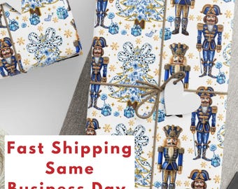 Toile Christmas Wrapping Paper, Toile Nutcracker Wrapping Paper Roll, Blue Christmas Wrapping Paper Roll, Blue Nutcracker