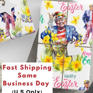 May include: Wrapped gifts with Easter-themed designs. The wrapping paper features illustrations of a man in a patriotic outfit, a bunny, and yellow flowers. The gifts are tied with twine and have heart-shaped tags.