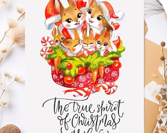 Cartões de família de coelhos de Natal, cartões digitais fofos de coelhos de Natal, cartões imprimíveis de coelhos, cartões imprimíveis de coelhos de Natal