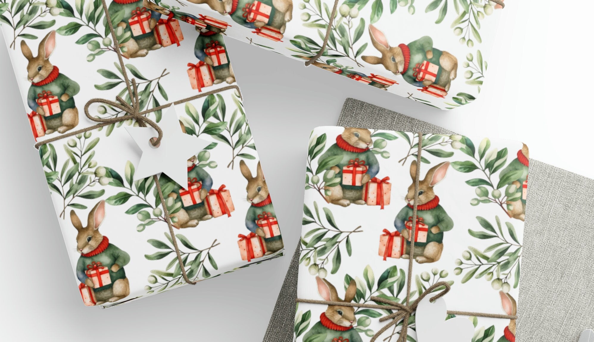 Christmas Rabbit Wrapping Paper, Winter Rabbit Wrapping Paper, Rabbit ...