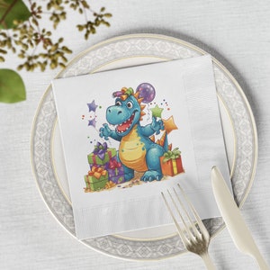 Birthday Party Dinosaur White Coined Napkins, Dino Party Napkins, Dinosaur Birthday Party Supplies