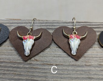 Leather Hearts with Cow Skull earrings