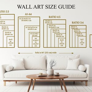 May include: A wall art size guide with different ratios and measurements in inches and centimeters. The guide includes ratios of 2:3, 4:5, 3:4, and 11x14. The guide also includes standard paper sizes like A1, A2, A3, and A4.
