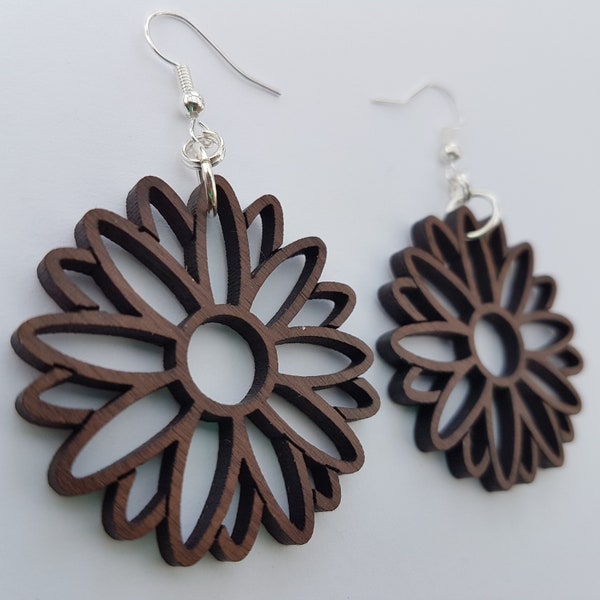 Daisy Flower Earrings, solid walnut wood, silver plated ear wires, pair.