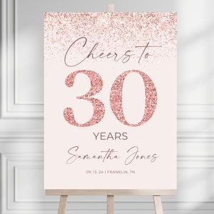 Roségold 30. Geburtstagsparty Willkommensschild, bearbeitbares Schild, druckbare Roségold-Geburtstags-Willkommensschild-Vorlage, Hello Thirty Cheers