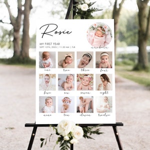 Ma première année de carte, modèle d'affiche photo imprimable pour la première année de bébé, signe minimaliste de collage de photos pour le 1er anniversaire, signe de ma première année