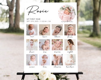 My First Year Board, Printable Baby's First Year Photo Poster Template, Minimalist 1st Birthday Photo Collage Sign, My First Year Sign