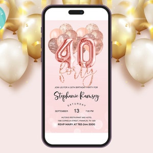 Rose Gold Glitzer 40. Geburtstagseinladung, bearbeitbare Geburtstagseinladung, Evite