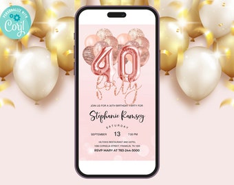 Rose Gold Glitter 40th Birthday Invitation, Editable Birthday Invite, Evite
