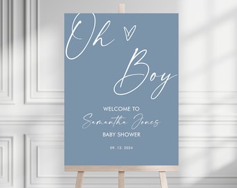 Tabliczka powitalna na baby shower dla chłopca, tabliczka powitalna na baby shower w stylu boho, minimalistyczny plakat powitalny na baby shower, pobierz niebieską tabliczkę powitalną na baby shower