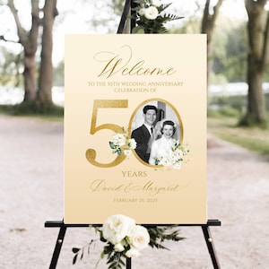 Photo Anniversary Welcome sign, 50th Wedding Anniversary Welcome Sign, 50th Anniversary Decoration, Floral Golden Anniversary Sign, Editable