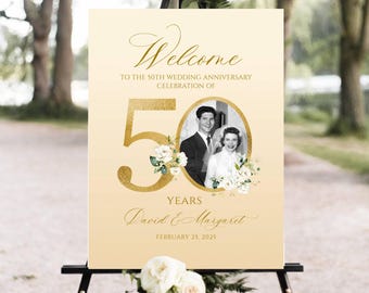 Photo Anniversary Welcome sign, 50th Wedding Anniversary Welcome Sign, 50th Anniversary Decoration, Floral Golden Anniversary Sign, Editable