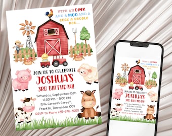 Farm Birthday Party Invitation Template, Farm Animals Birthday Invitation, Barnyard, Printable, Editable